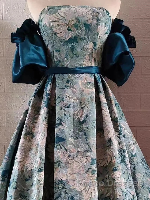 Puffy Sleeves Print Blue Quinceanera Formal Prom Dress