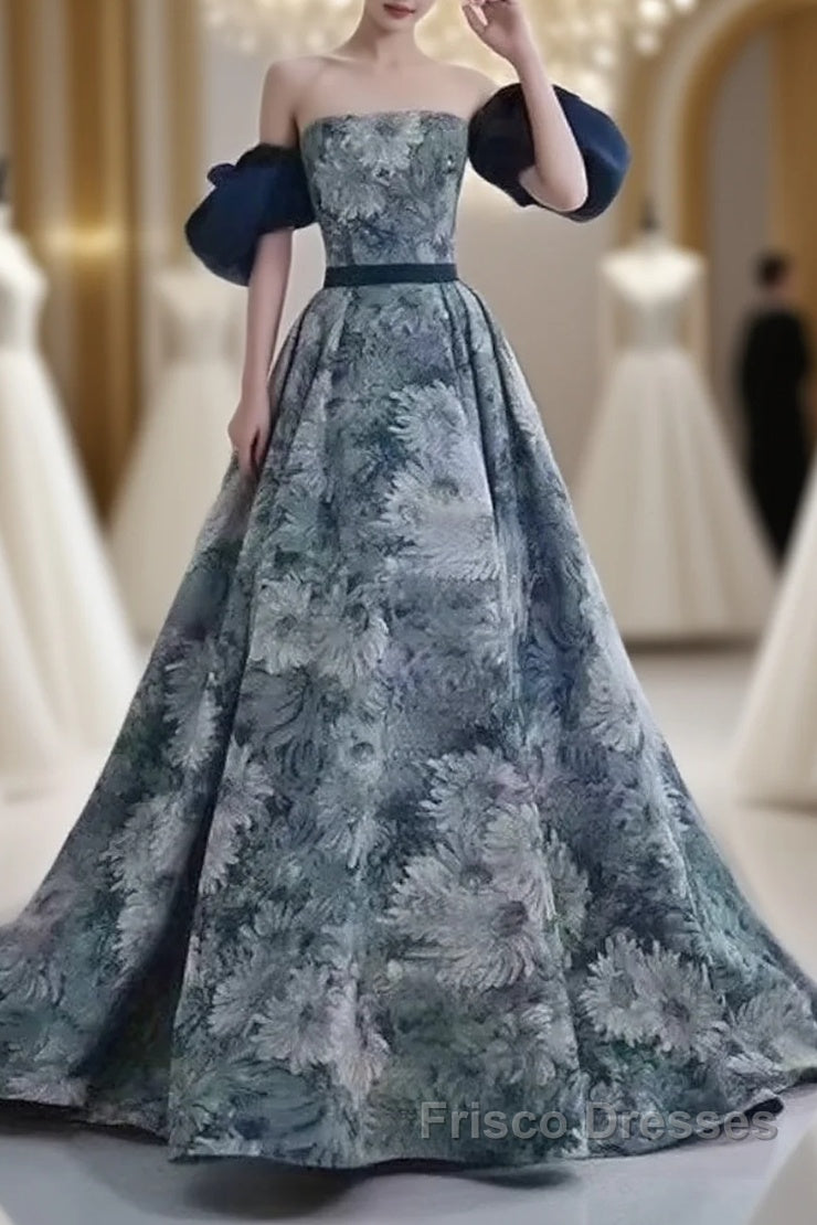 Puffy Sleeves Print Blue Quinceanera Formal Prom Dress Main image
