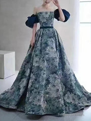 Puffy Sleeves Print Blue Quinceanera Prom Dress