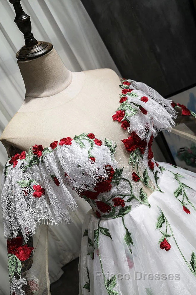 Puffy Long Sleeves Off the Shoulder Lace Tulle Formal Prom Dress with Appliques Secondary image