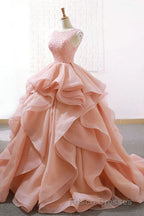 Puffy Tulle Long Formal Prom Dress with Beading, A Line Sleeveless Party Gown