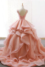 Puffy Tulle Long Formal Prom Dress with Beading, A Line Sleeveless Party Gown