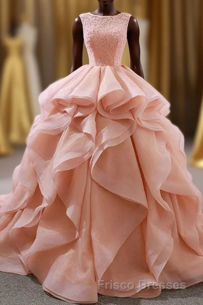 Puffy Tulle Long Formal Prom Dress with Beading, A Line Sleeveless Party Gown