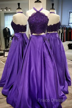 Purple 2 Piece Lace Formal Prom Dress Halter Long Formal Gowns With Pockets