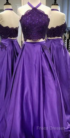 Purple 2 Piece Lace Formal Prom Dress Halter Long Formal Gowns With Pockets
