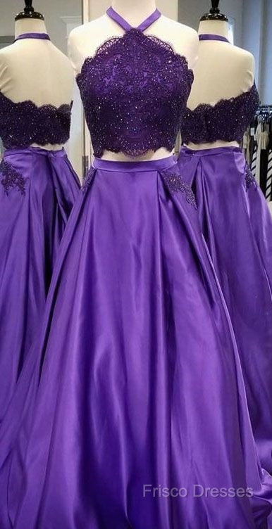 Purple 2 Piece Lace Formal Prom Dress Halter Long Formal Gowns With Pockets