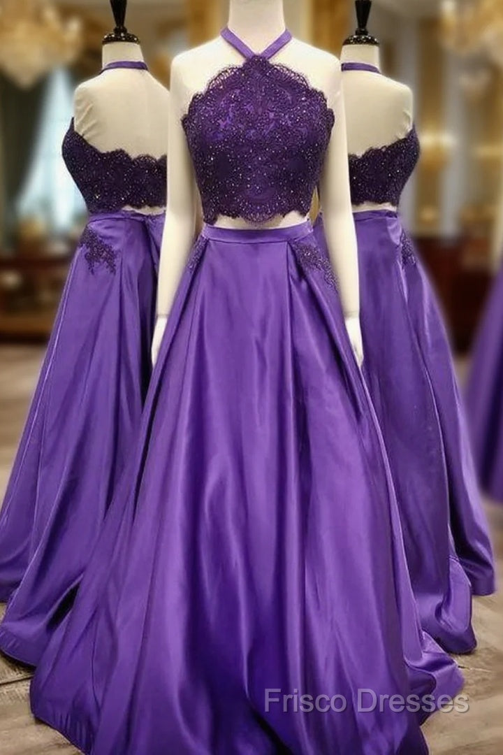 Purple 2 Piece Lace Formal Prom Dress Halter Long Formal Gowns With Pockets Main image