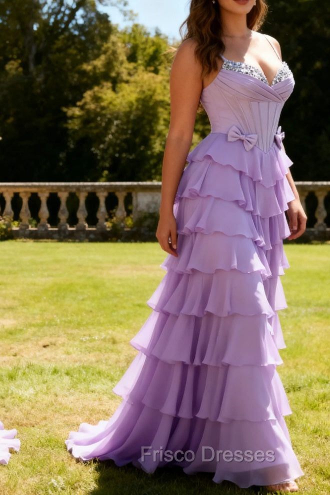 Purple A-Line Beaded Corset Tiered Ruffle Long Prom Dress with Lace Up Back Secondary image