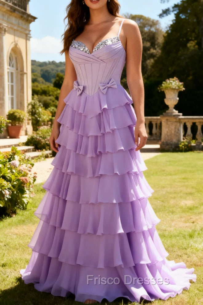 Purple A-Line Beaded Corset Tiered Ruffle Long Prom Dress with Lace Up Back Main image