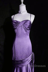 Purple A-Line Mermaid Straps Evening Dress, Purple Satin Formal Prom Dress Formal Dress