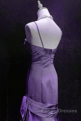 Purple A-Line Mermaid Straps Evening Dress, Purple Satin Formal Prom Dress Formal Dress