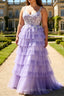 Purple A-Line Sequins Tulle Corset Tiered Long Prom Dress with Lace Up Back
