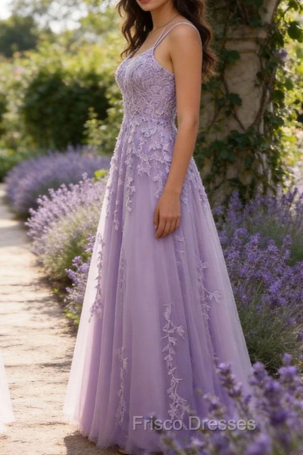 Purple A-Line Spaghetti Straps Long Prom Dress with Appliques