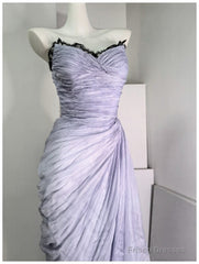 Purple A-Line Strapless Chiffon Pleated Long Prom Dress Chic Lace Graduation Prom Dress