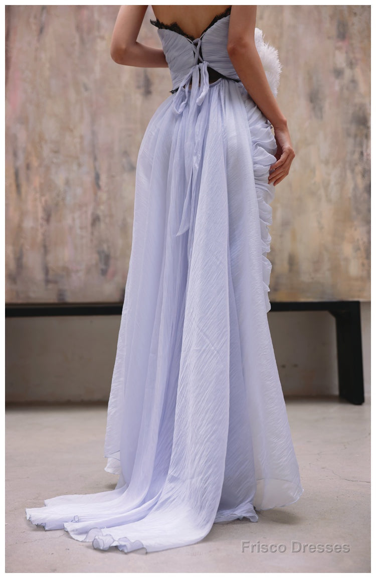 Purple A-Line Strapless Chiffon Pleated Long Prom Dress Chic Lace Graduation Prom Dress