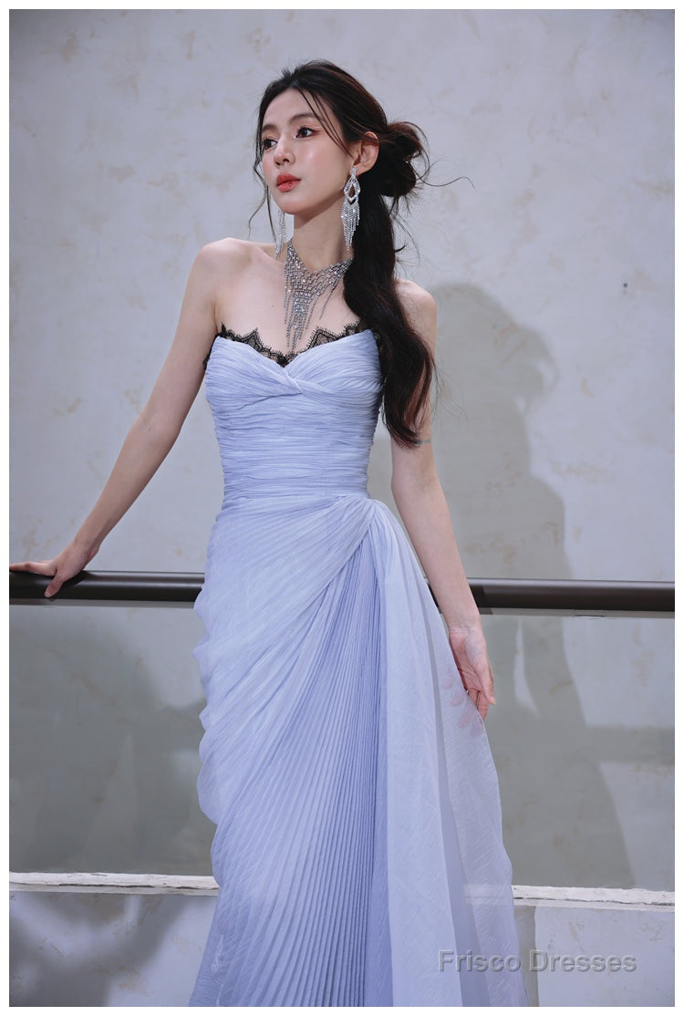 Purple A-Line Strapless Chiffon Pleated Long Prom Dress Chic Lace Graduation Prom Dress
