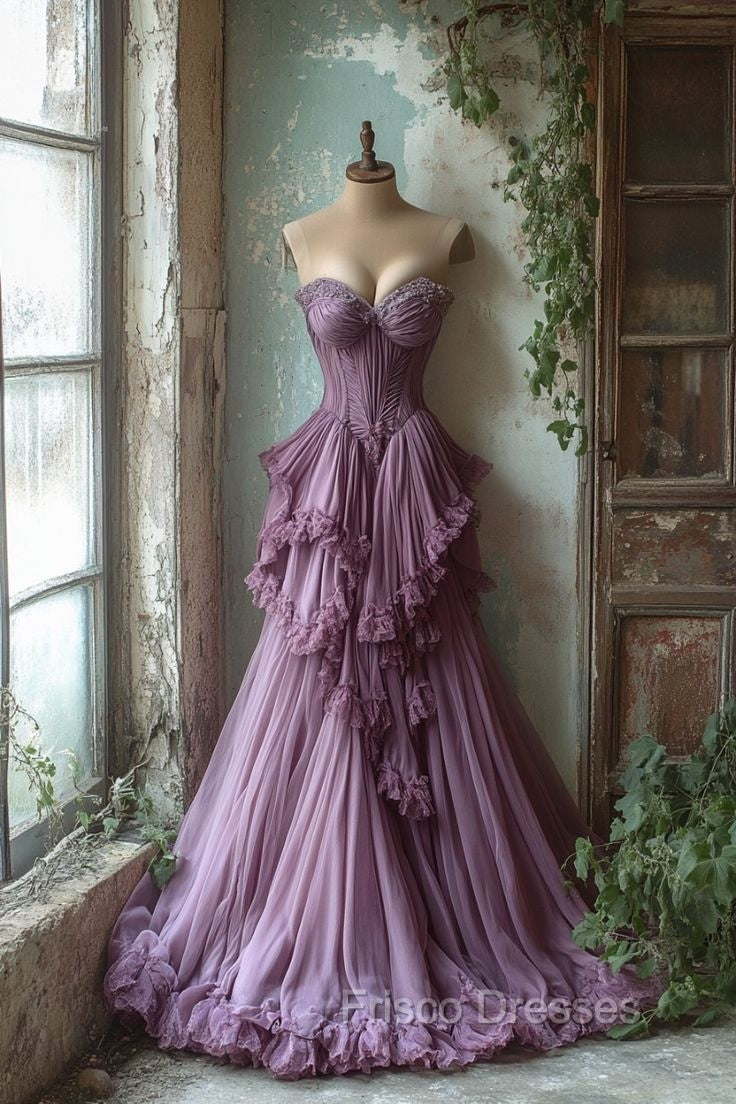 Purple A-Line Sweetheart Neck Tulle Beaded Long Formal Prom Dress, Vintage Formal Dress Secondary image