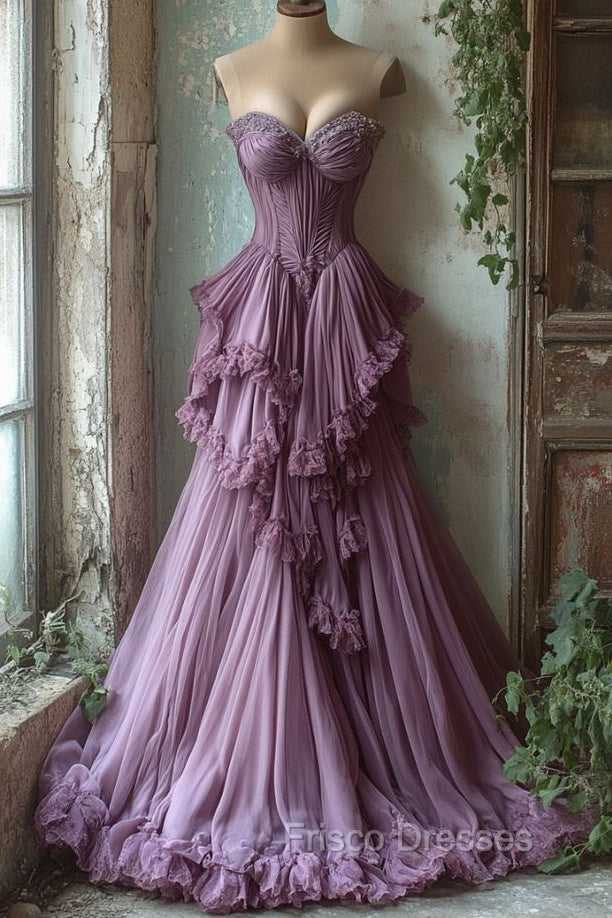 Purple A-Line Sweetheart Neck Tulle Beaded Long Formal Prom Dress, Vintage Formal Dress Main image