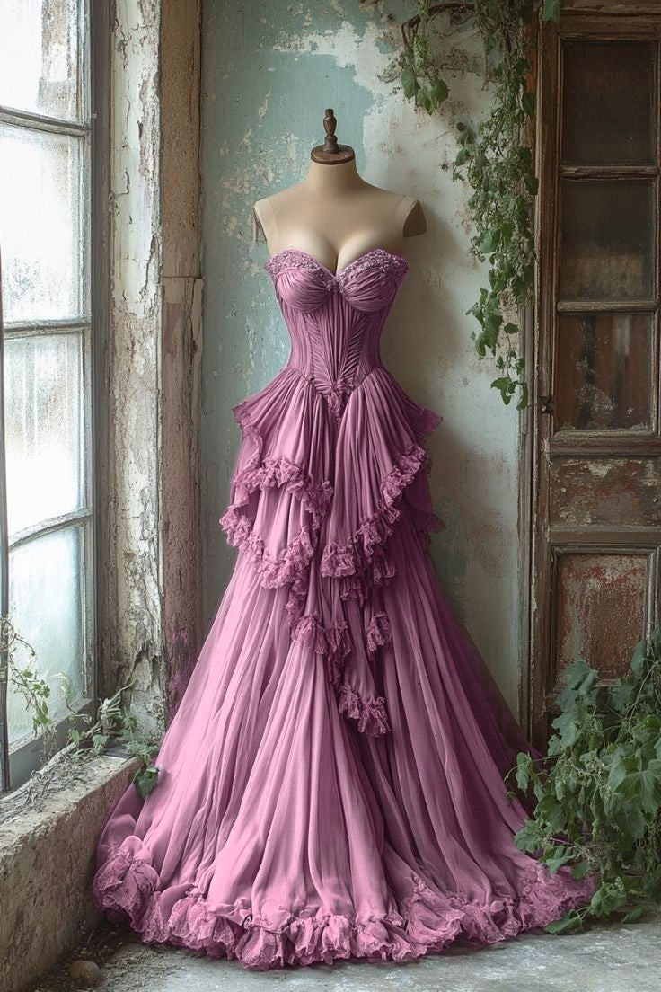 Purple A-Line Sweetheart Neck Tulle Beaded Long Prom Dress, Vintage Formal Dress Secondary image