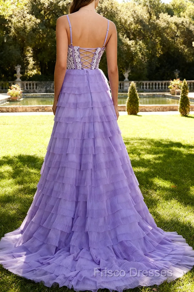 Purple A Line Tiered Beaded Corset Long Prom Dress with Slit Secondary image