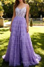 Purple A Line Tiered Beaded Corset Long Prom Dress with Slit