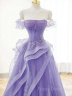 Purple A-Line Tulle Off Shoulder Long Formal Prom Dress, Purple Lace Formal Dress