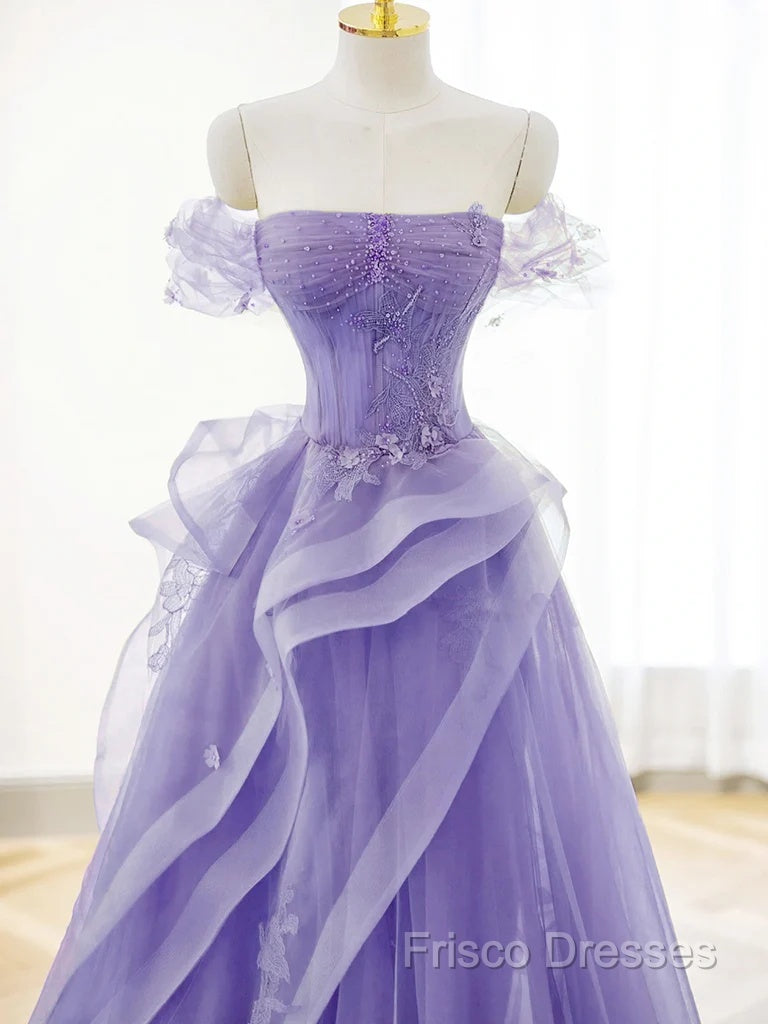 Purple A-Line Tulle Off Shoulder Long Formal Prom Dress, Purple Lace Formal Dress