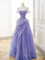 Purple A-Line Tulle Off Shoulder Long Formal Prom Dress, Purple Lace Formal Dress