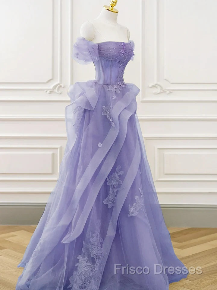 Purple A-Line Tulle Off Shoulder Long Formal Prom Dress, Purple Lace Formal Dress