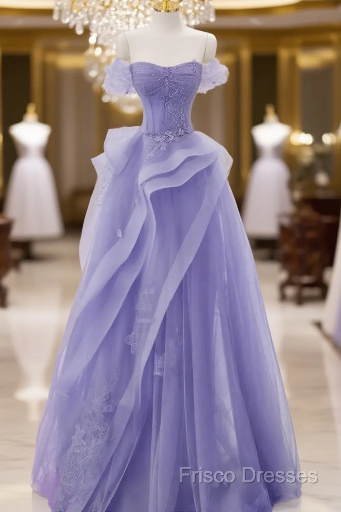 Purple A-Line Tulle Off Shoulder Long Formal Prom Dress, Purple Lace Formal Dress Main image