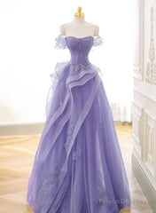 Purple A-Line Tulle Off Shoulder  Long Prom Dress, Purple Lace Evening Dress