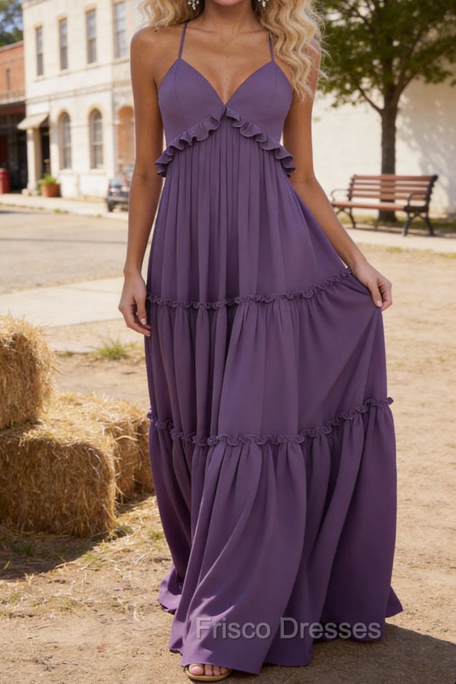 Purple A-line V Neck Sleeveless Floor-Length Chiffon Prom Dress Long Prom Dresses Backless with Pleated Ruffles