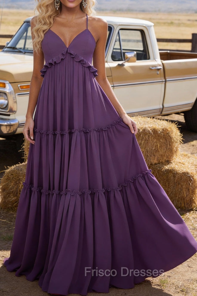 Purple A-line V Neck Sleeveless Floor-Length Chiffon Prom Dress Long Prom Dresses Backless with Pleated Ruffles Main image