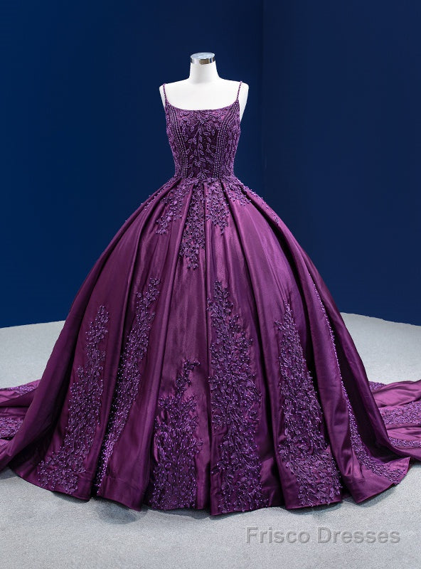 Purple Ball Gown Satin Appliques Pearls Prom Dress Main image