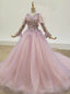 Purple Ball Gown Tulle 3D Flower Long Sleeve Wedding Dress
