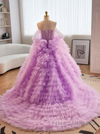 Purple Ball Gown Tulle Off The Shoulder Tiers Formal Prom Dress