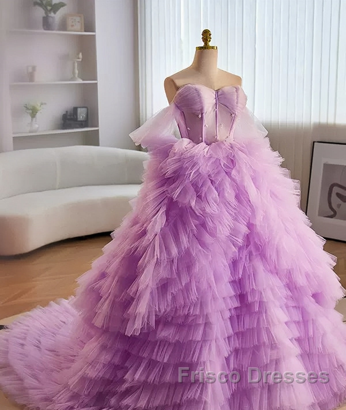 Purple Ball Gown Tulle Off The Shoulder Tiers Formal Prom Dress