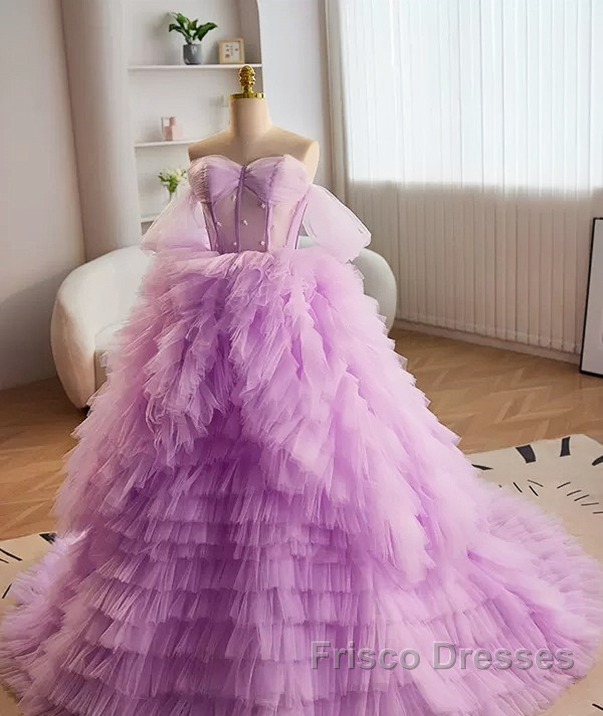 Purple Ball Gown Tulle Off The Shoulder Tiers Formal Prom Dress