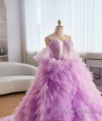 Purple Ball Gown Tulle Off The Shoulder Tiers Formal Prom Dress