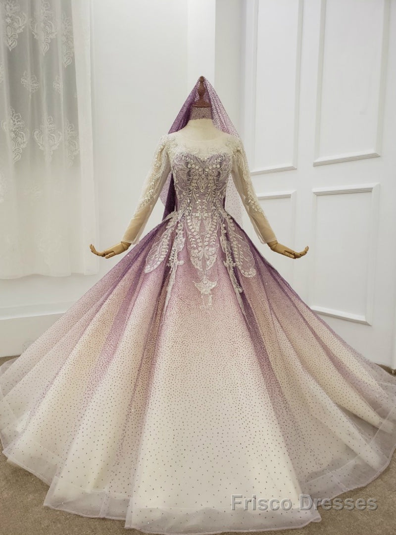 Purple Ball Gown Tulle Sequins Long Sleeve Wedding Dress Main image