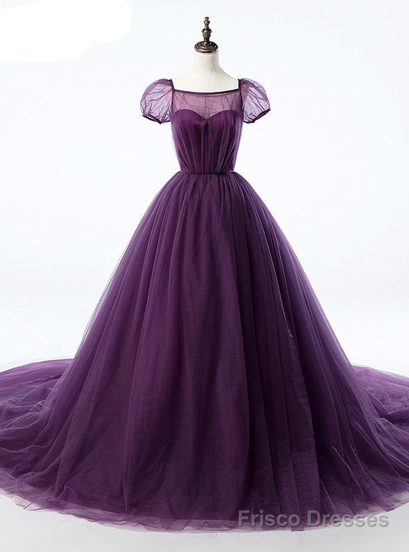 Purple Ball Gown Tulle Short Sleeve Backless Train Wedding Dress Main image