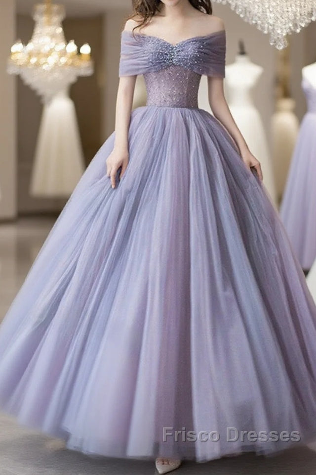 Purple Beaded Tulle Ball Gown Formal Dress, Off Shoulder Sweet 16 Formal Dress Main image