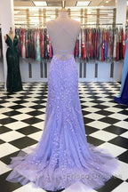 Purple/Blue Mermaid Backless Lace Formal Prom Dress, Purple/Blue Mermaid Backless Lace Formal Graduation Evening Dreses