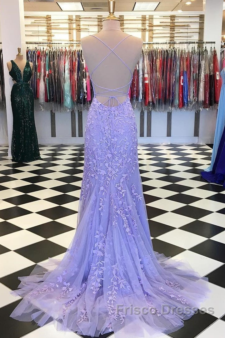 Purple/Blue Mermaid Backless Lace Formal Prom Dress, Purple/Blue Mermaid Backless Lace Formal Graduation Evening Dreses