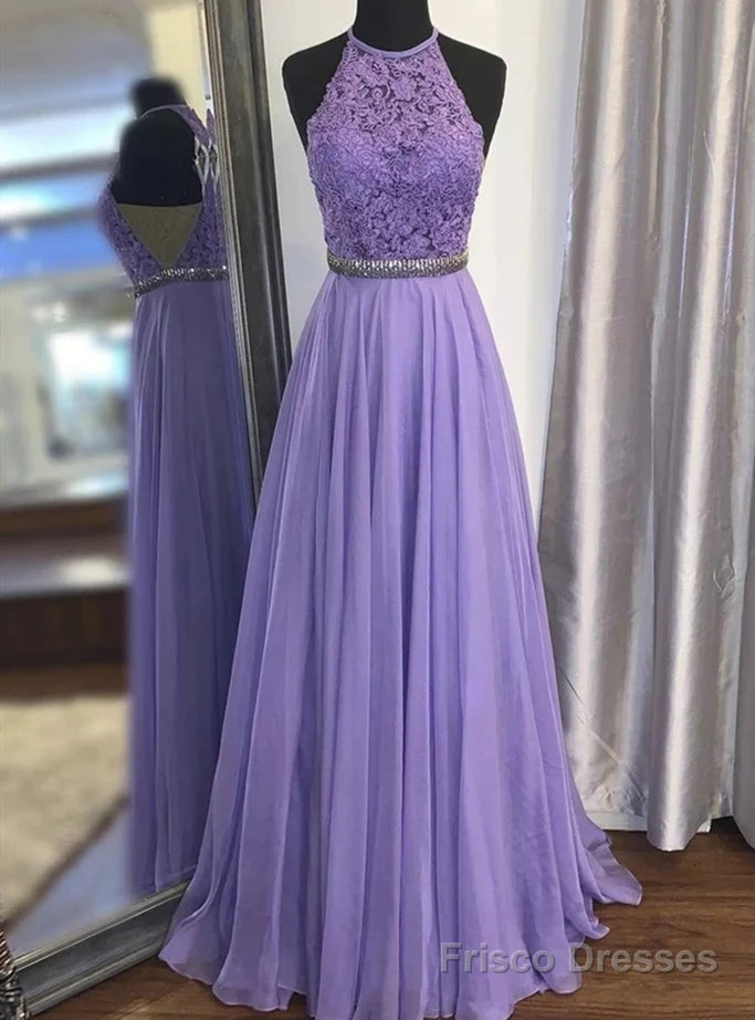 Purple Chiffon Lace Halter Beading Prom Dress Main image