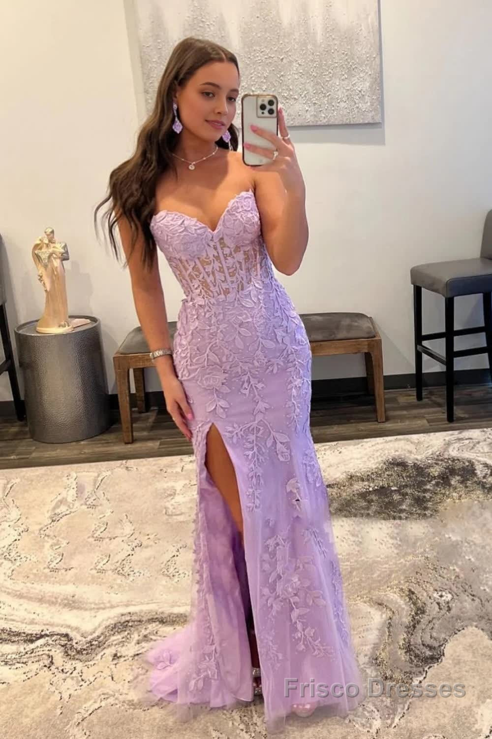 Purple Corset Sweetheart Long Lace Prom Dress with Slit Main image