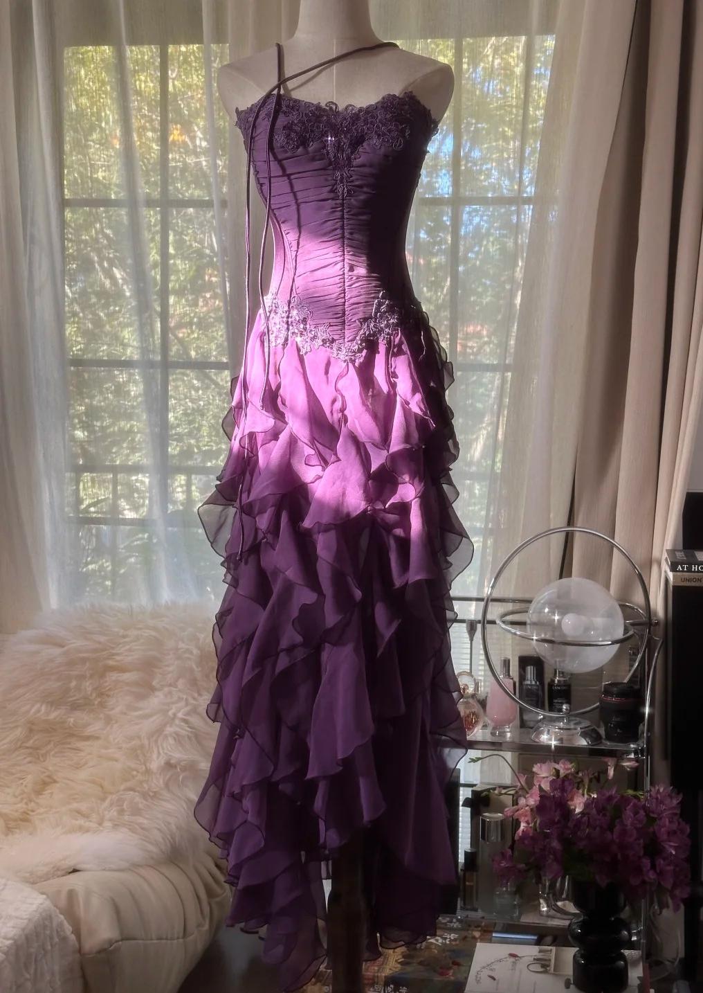 Purple ??Elegant Strapless Chiffon Applique Long Tiered Prom Dresses Backless Party Dresses