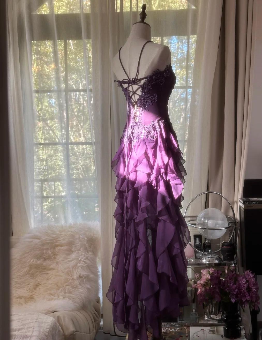 Purple ??Elegant Strapless Chiffon Applique Long Tiered Prom Dresses Backless Party Dresses