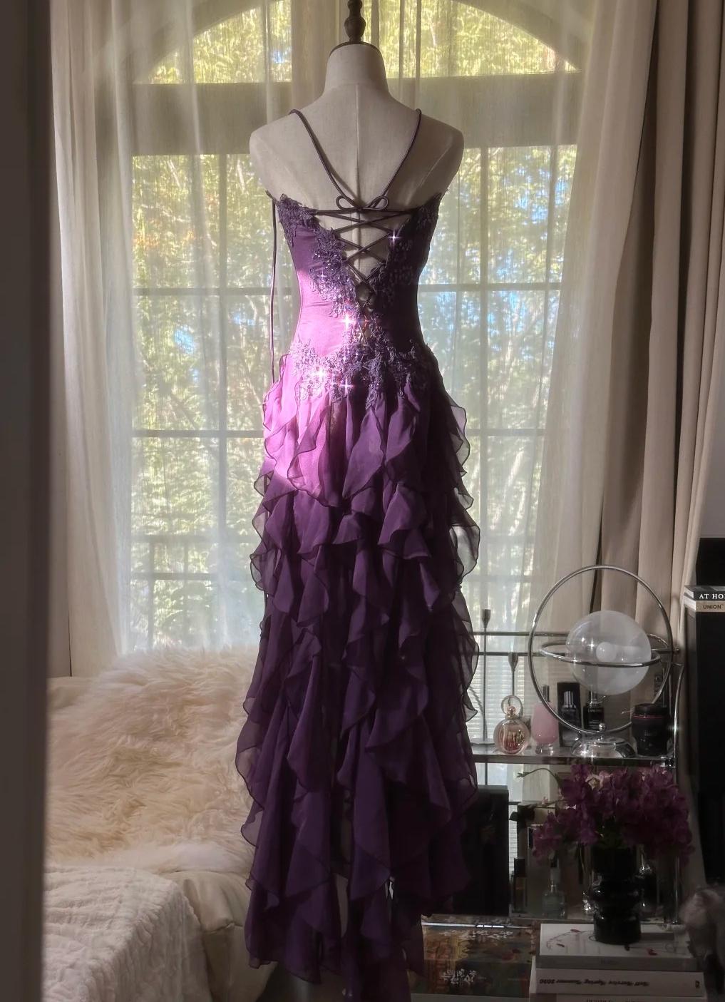 Purple ??Elegant Strapless Chiffon Applique Long Tiered Prom Dresses Backless Party Dresses