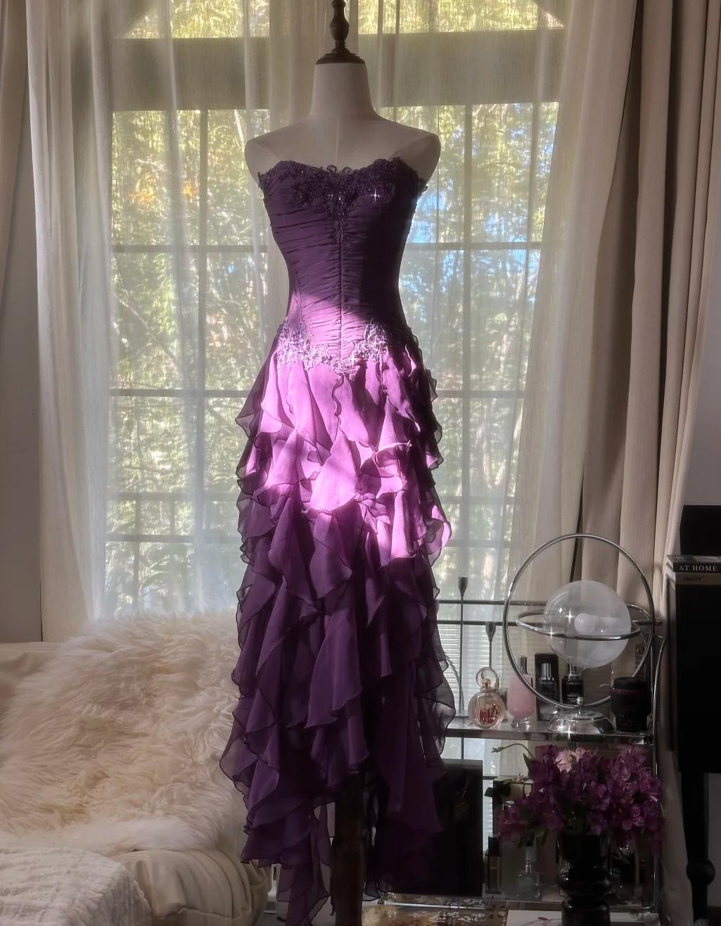 Purple ??Elegant Strapless Chiffon Applique Long Tiered Prom Dresses Backless Party Dresses Main image